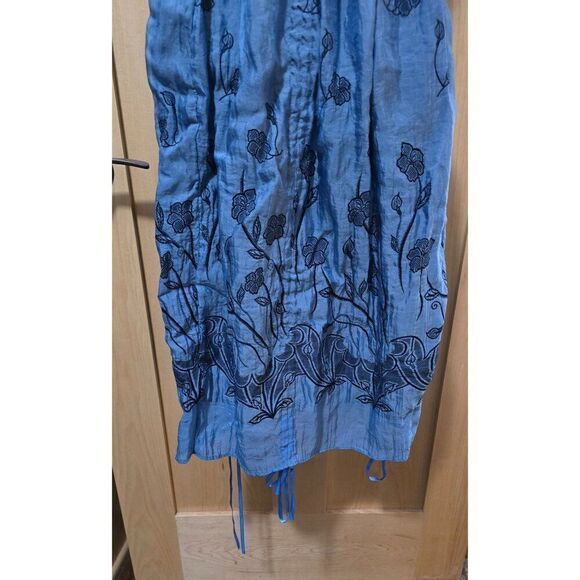 Strapless Blue Floral Embroidered Summer Dress With Smocked Bodice & Ruffled Ski - Picture 6 of 10